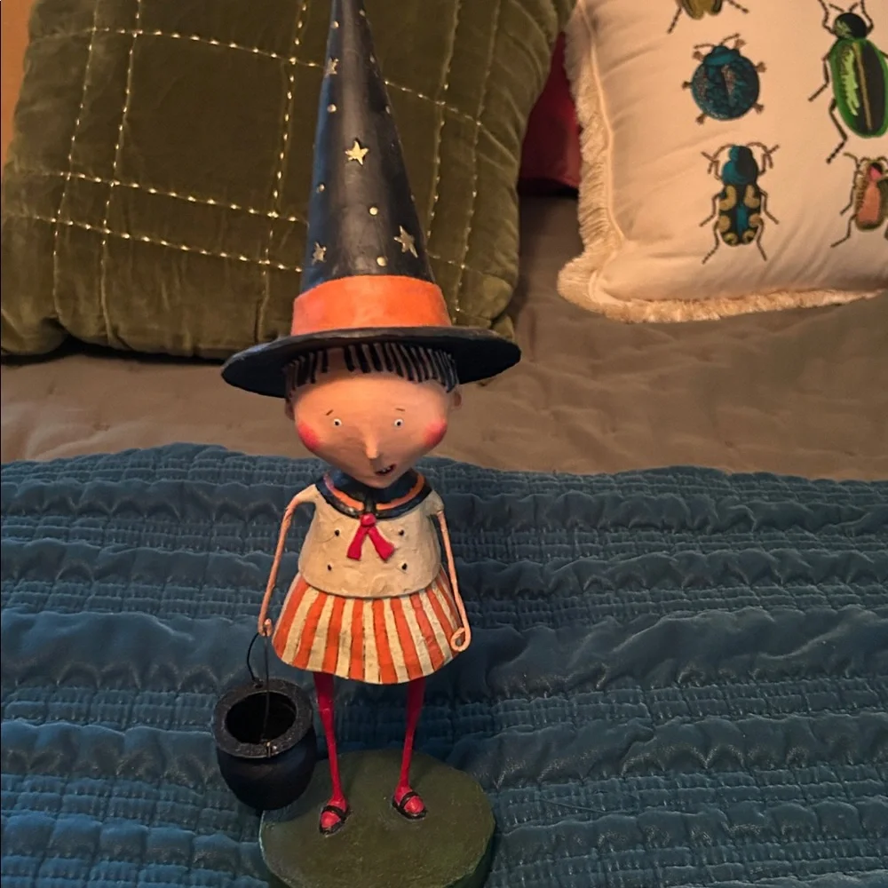Whimsical Lori Mitchell Large Witch Figurine with Striped Dress - Picture 1 of 2